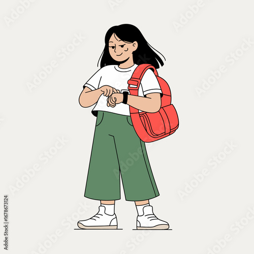 A young woman stands, checking her smartwatch while wearing a backpack, ready for her day.