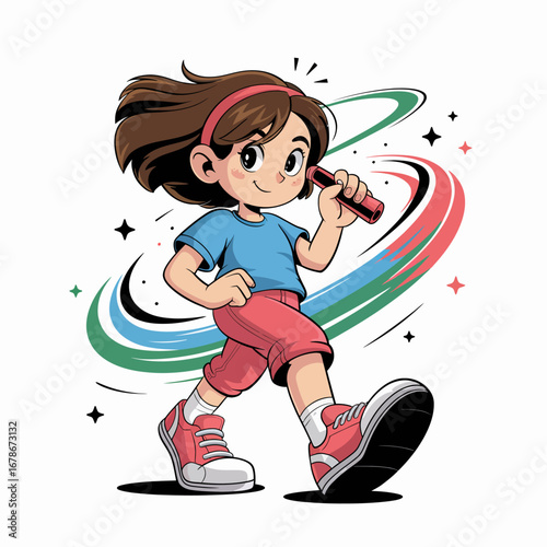 A cheerful girl walking with a marker, full of energy and enthusiasm.