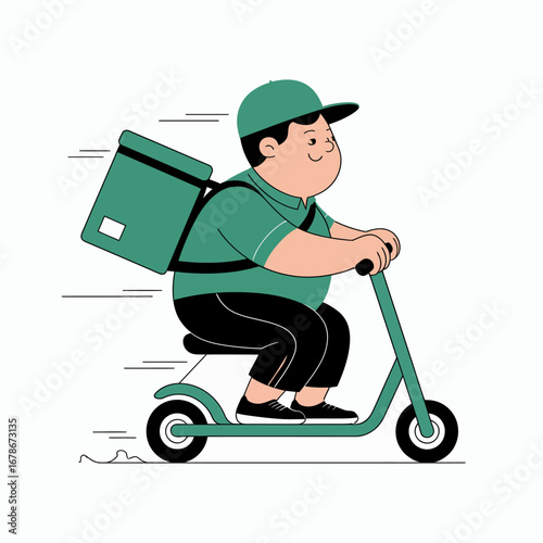 An illustration of an overweight delivery person in a green uniform riding an electric scooter with a large delivery bag on their back, showing motion.