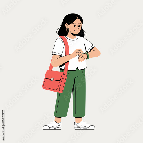 A young woman with dark hair, wearing a white t-shirt, green pants, and carrying a red messenger bag, checks her watch.