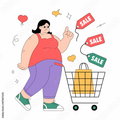 A woman pushing a shopping cart, pointing at sale tags, enjoying a shopping experience.