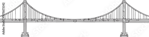 Black and white line drawing of a suspension bridge with towers and cables architecture engineering