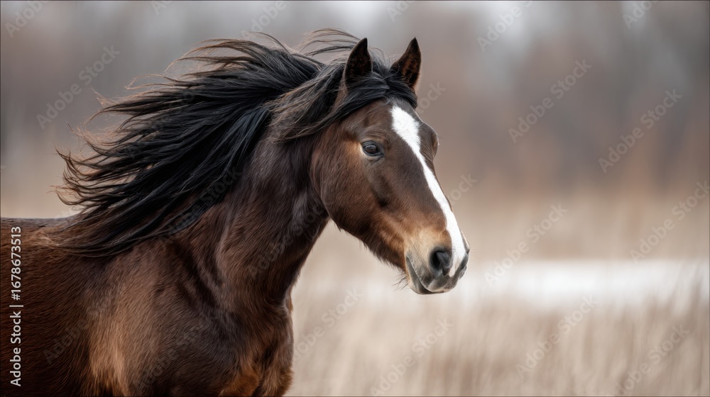 Fototapeta premium Majestic Brown Horse with Flowing Mane in Natural Setting