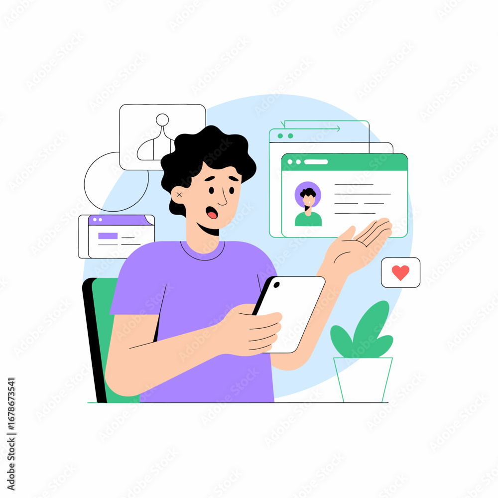 Man using a tablet and looking at online profiles.
