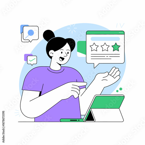 Woman giving online feedback using a tablet and rating stars.