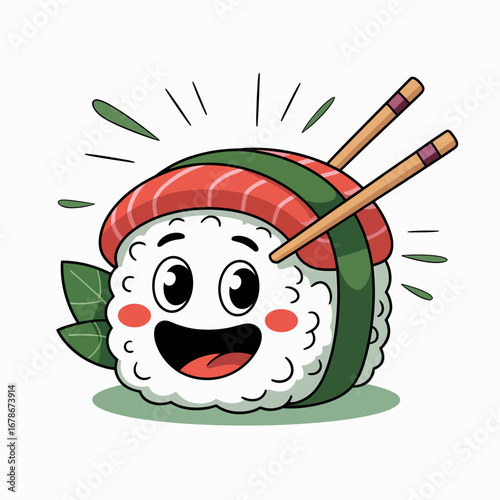 A happy cartoon sushi roll with chopsticks and seaweed, smiling cheerfully.