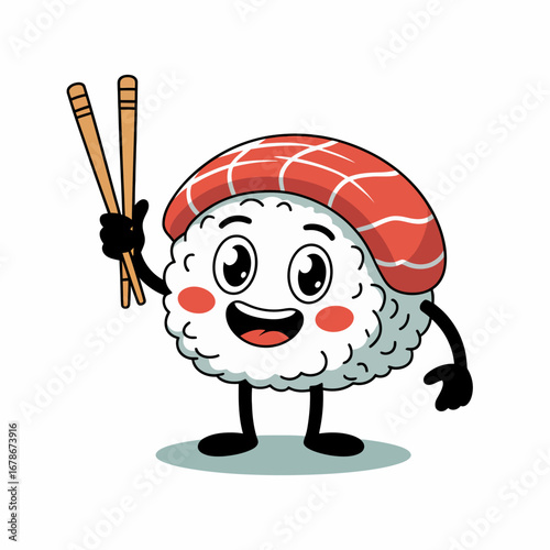 A cute cartoon sushi character holding chopsticks with a happy expression.