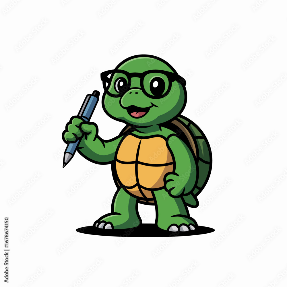 Obraz premium Cute cartoon turtle character holding a pen, wearing glasses.
