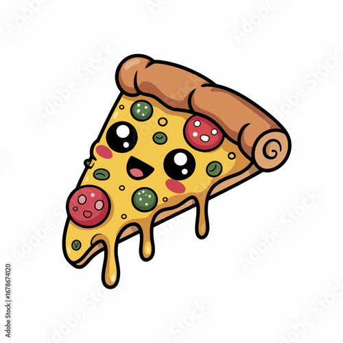 A cute slice of pepperoni and green pepper pizza with melted cheese dripping down.