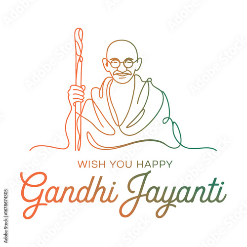 Stylized line drawing of Mahatma Gandhi in orange and green gradient with walking stick and greeting for Gandhi Jayanti celebration