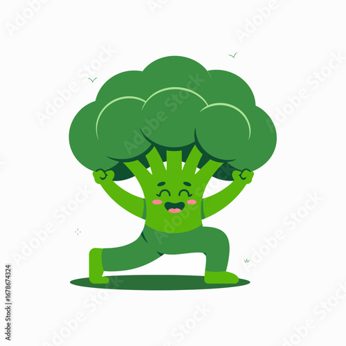 A cute and strong cartoon broccoli character smiling while doing a yoga warrior pose.