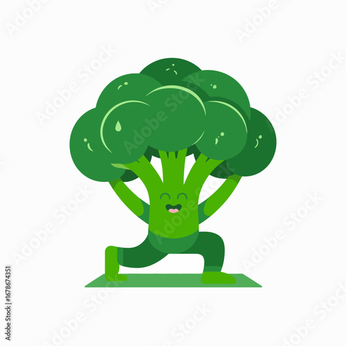 A cheerful cartoon broccoli character performing a yoga lunge pose on a mat, promoting healthy lifestyle and fitness.