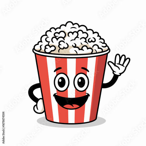 A happy cartoon popcorn bucket waves hello.