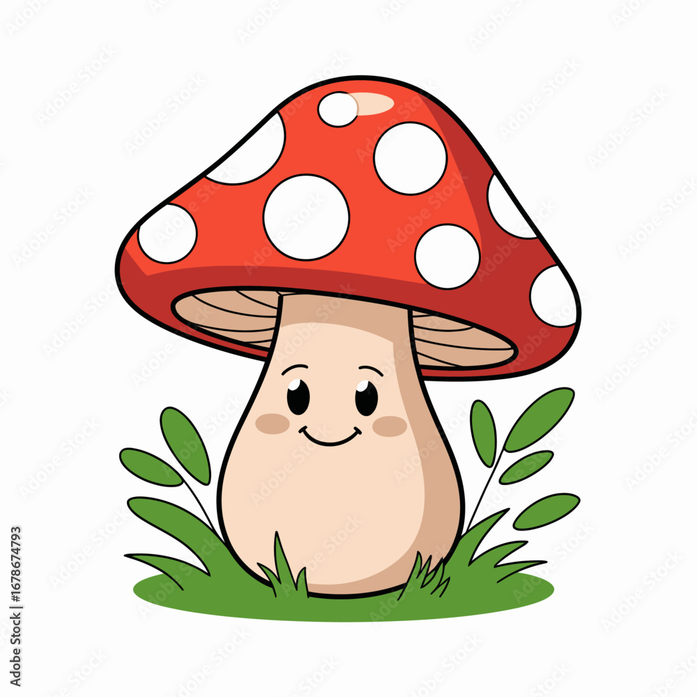 Cute cartoon mushroom with a happy expression, sitting in grass. Cute cartoon mushroom with a happy expression, sitting in grass.