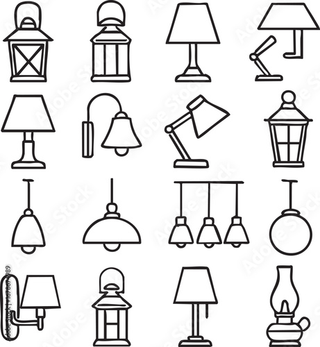 Lamp and light fixture icon set black and white vector illustration modern vintage lighting decor concept interior design