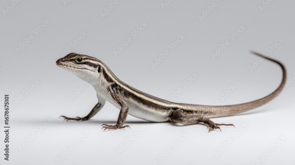 Naklejka premium Detailed Close-Up of a Striped Lizard on a Neutral Background