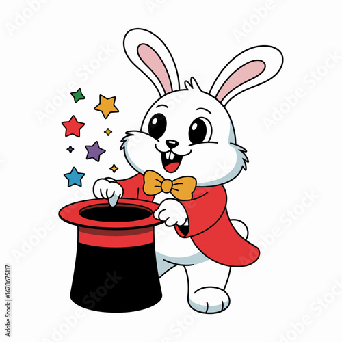 A cute cartoon magician rabbit in a red coat and bowtie performs a magic trick with a top hat, pulling out colorful stars.