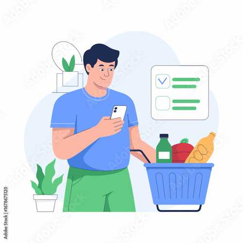 A man is using his smartphone to check his grocery list while holding a shopping basket filled with food items.