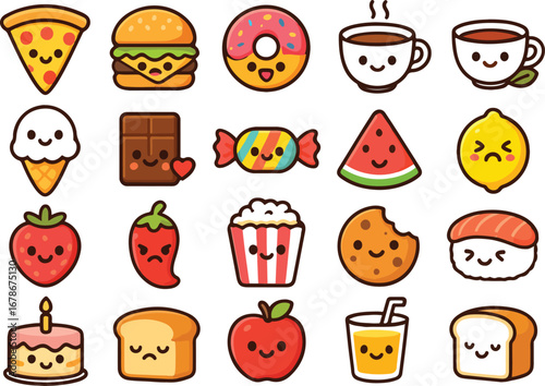 Collection of cute kawaii food characters with happy faces expressing various emotions and flavors