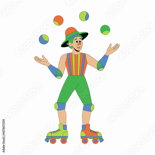 A colorful clown juggling balls while wearing roller skates.
