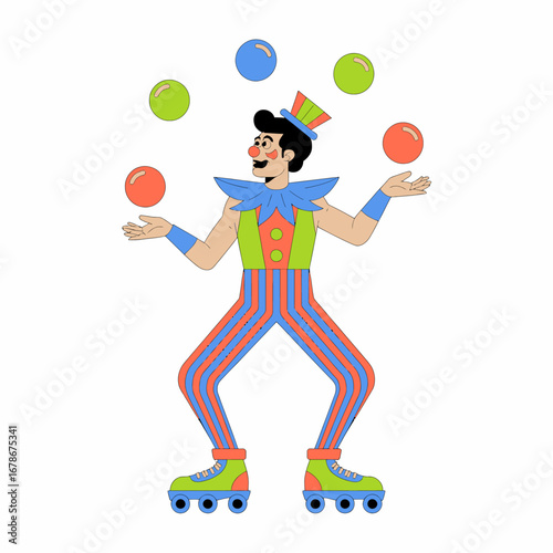 Cartoon image of a clown juggling balls on roller skates.
