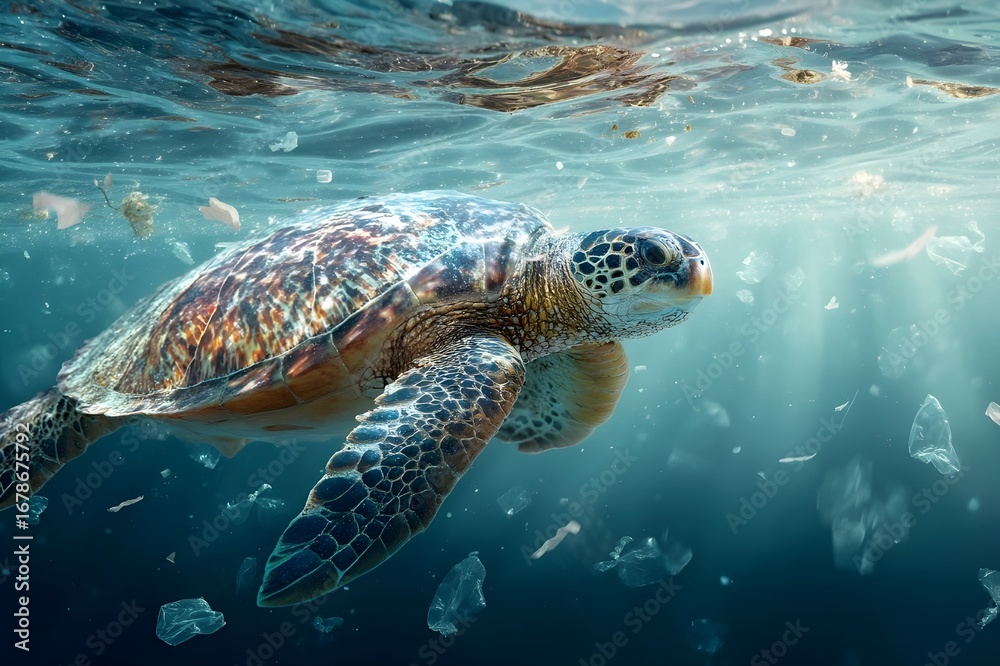 Obraz premium Sea turtle swimming among ocean plastic waste highlighting ocean pollution and environmental crisis. Marine life endangered by human waste. Sea turtle trapped in polluted ocean 