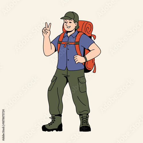 A cheerful cartoon hiker with a large red backpack smiles and makes a peace sign gesture.