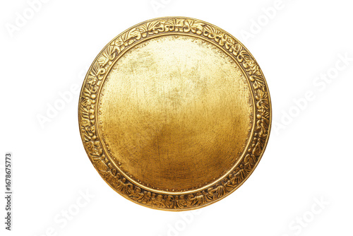 Ornate oval gold medal with intricate border isolated on transparent background. Round gold shield isolated on a white background.