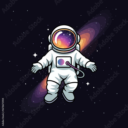 An astronaut floats in space, surrounded by a vibrant galaxy and stars, wearing a spacesuit.