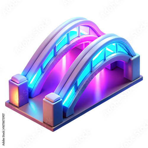 Isometric neon bridge with modern design and vibrant colors on transparent background