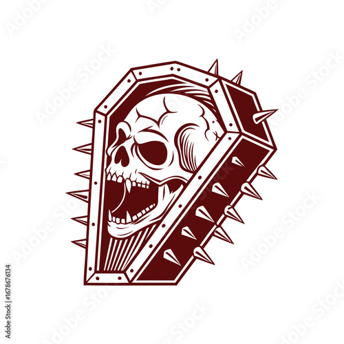 An aggressive screaming skull in a spiked coffin. A heavy metal or rock music-inspired tattoo design. A dark and gothic vector illustration for a band