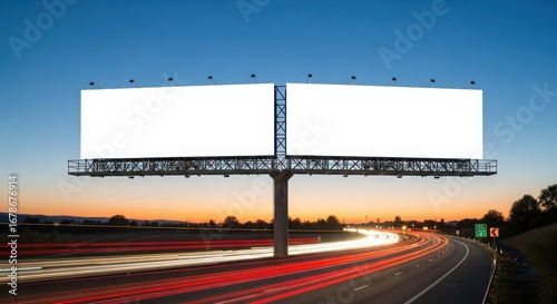Double blank billboard at twilight with light trails from cars on a road