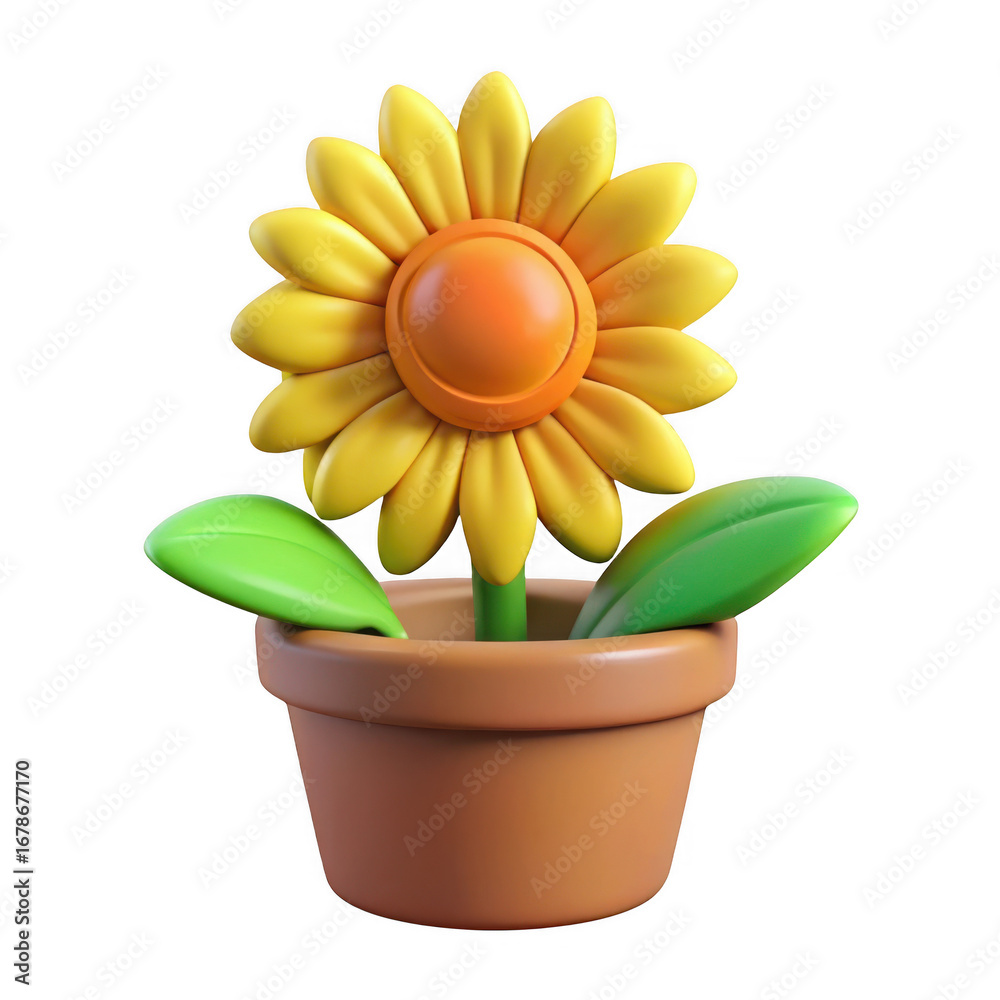 Obraz premium Cute 3d rendered yellow sunflower in a terracotta pot isolated on transparent background