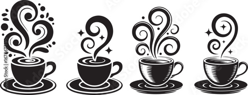 A set of four black-and-white stylized illustrations of coffee or tea cups with intricate, swirling steam and decorative accents