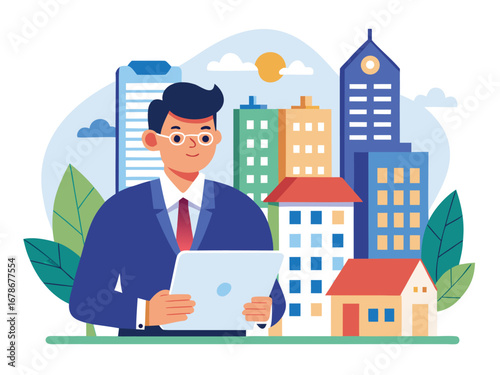 Property developer man in suit with tablet surrounded by buildings and greenery