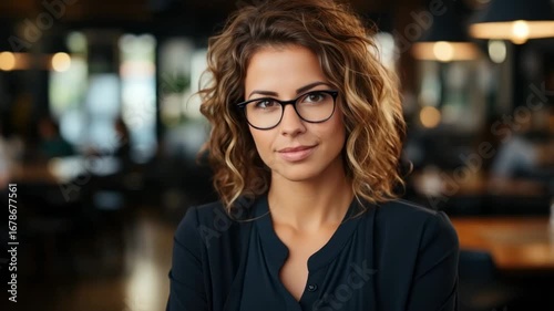 Confident woman engages with her surroundings in a bustling cafe during a bright afternoon