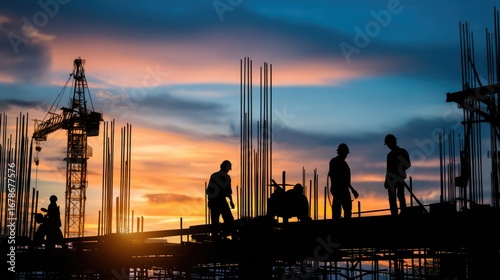 Silhouette of construction workers at sunset (1)