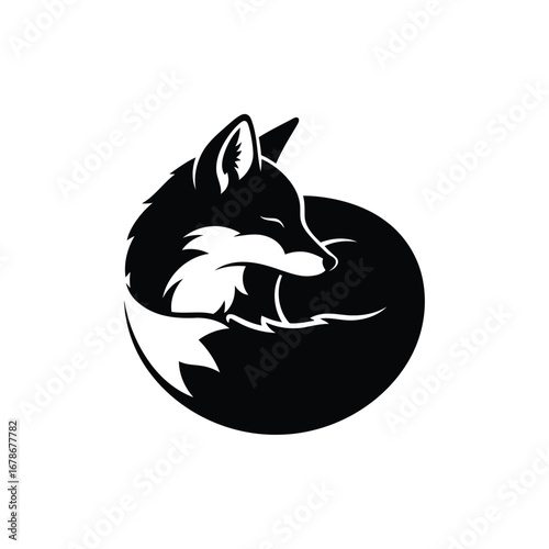 Vector illustration of a stylized black and white illustration of a fox curled up sleeping