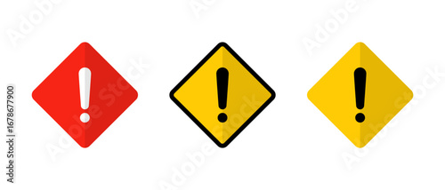Warning icon set in flat design. Exclamation mark on diamond shape. Caution and alert symbol