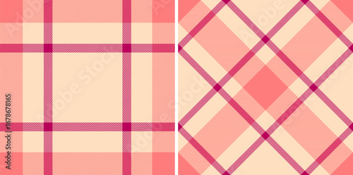 Two harmonious plaid patterns in soft peach and vibrant pink hues. Classic design, versatile for backgrounds, textiles,  creative projects. Seamless  eyecatching