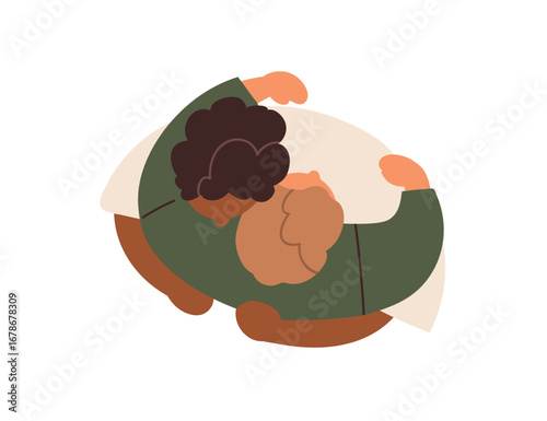 Couple hugging overhead, top down view. People in close embrace, cuddling for care, comfort and support. Bonding relationships, friendship, love. Flat vector illustration isolated on white background