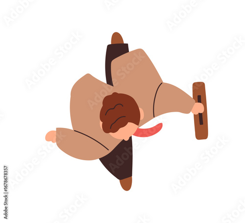 Business man walking, hurrying to work, top down view. Male employee, office worker in suit and tie going fast with briefcase, rushing in morning. Flat vector illustration isolated on white background