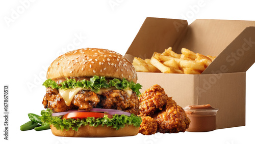 Gourmet burger with fries and chicken wings