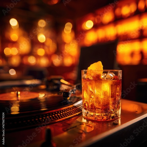 A whiskey cocktail sits on a turntable in a dimly lit bar