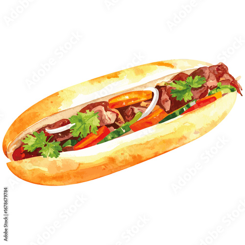 Watercolor Illustration of Vietnamese Bánh Mì Sandwich