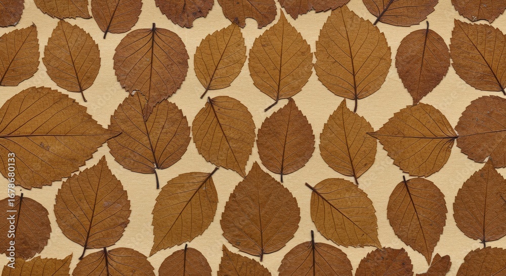 Obraz premium Brown Leaves Pattern on Beige Background Autumnal Texture.