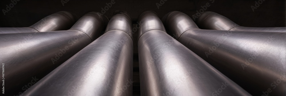 Obraz premium Sleek metallic cylinders in industrial symmetry, evoking steampunk dreams, World Industrial Design Day celebration, futuristic pipeline aesthetics