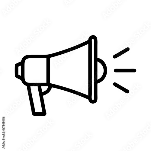 A bold line art megaphone, with radiating sound waves, conveying the essence of announcement and communication