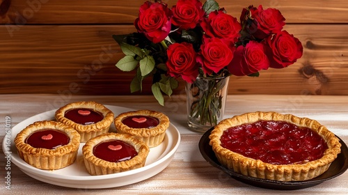 Romantic Valentine's Day Treats, Red Rose Bouquet with Delicious Berry Tarts