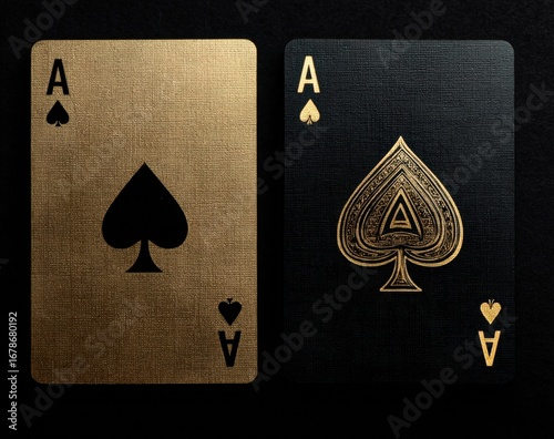 Two gold and black playing cards, Ace of Spades
